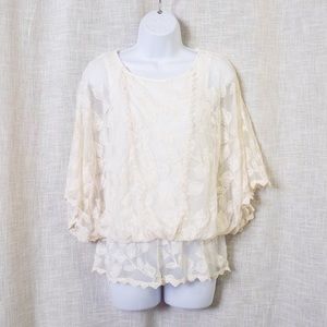 Cream Embroidered Butterfly Sleeve Peplum Blouse